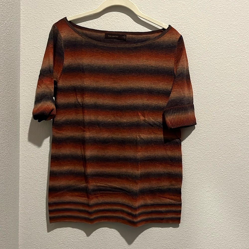 Limited sweater, open neck, fall colors.